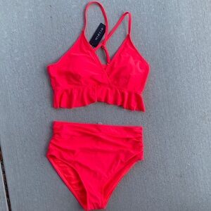 Vibrant Coral Bikini Set with Ruffle